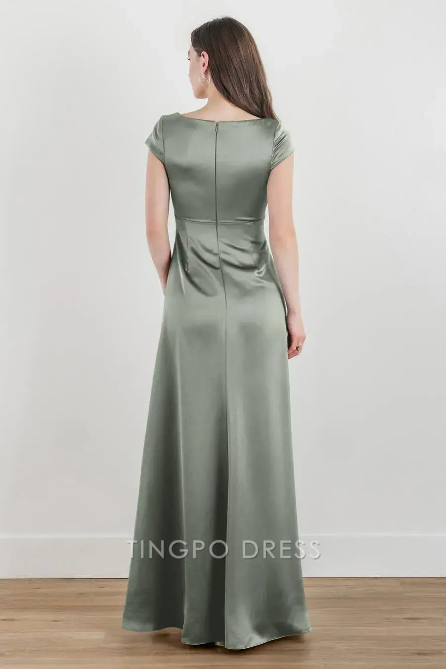 TingPo Wholesale Elegant Sage Green Satin Dress - Deep V - Neck & Short Sleeves Bodycon Fit